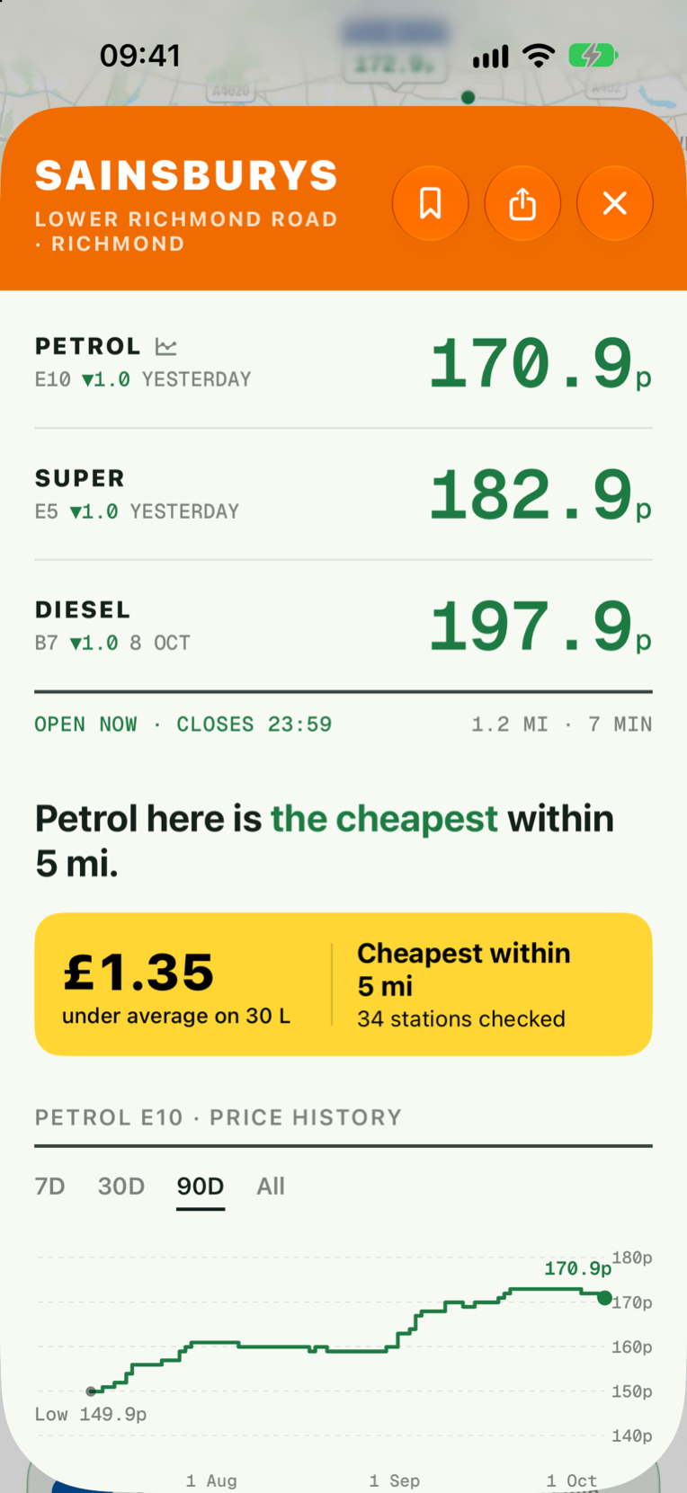 A Sainsbury's station in Nozzle showing petrol, super unleaded and diesel prices with a price-history chart.